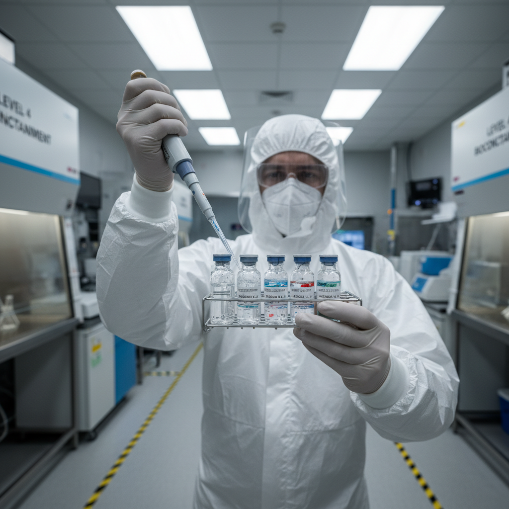 Scientist in laboratory examining vaccine vials with medical equipment