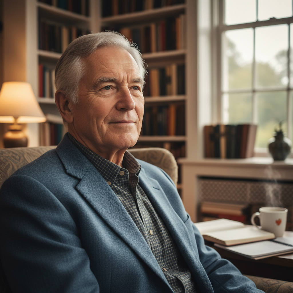 David, retired physician, looking thoughtful at a philosophy circle