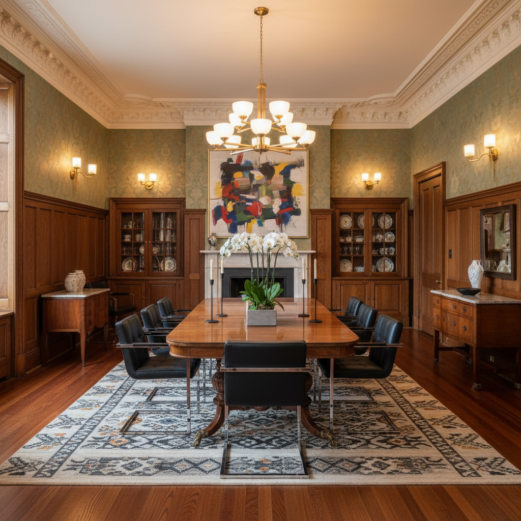 Restored 1920s estate dining room with original crown molding, updated lighting, and a blend of antique and contemporary furnishings