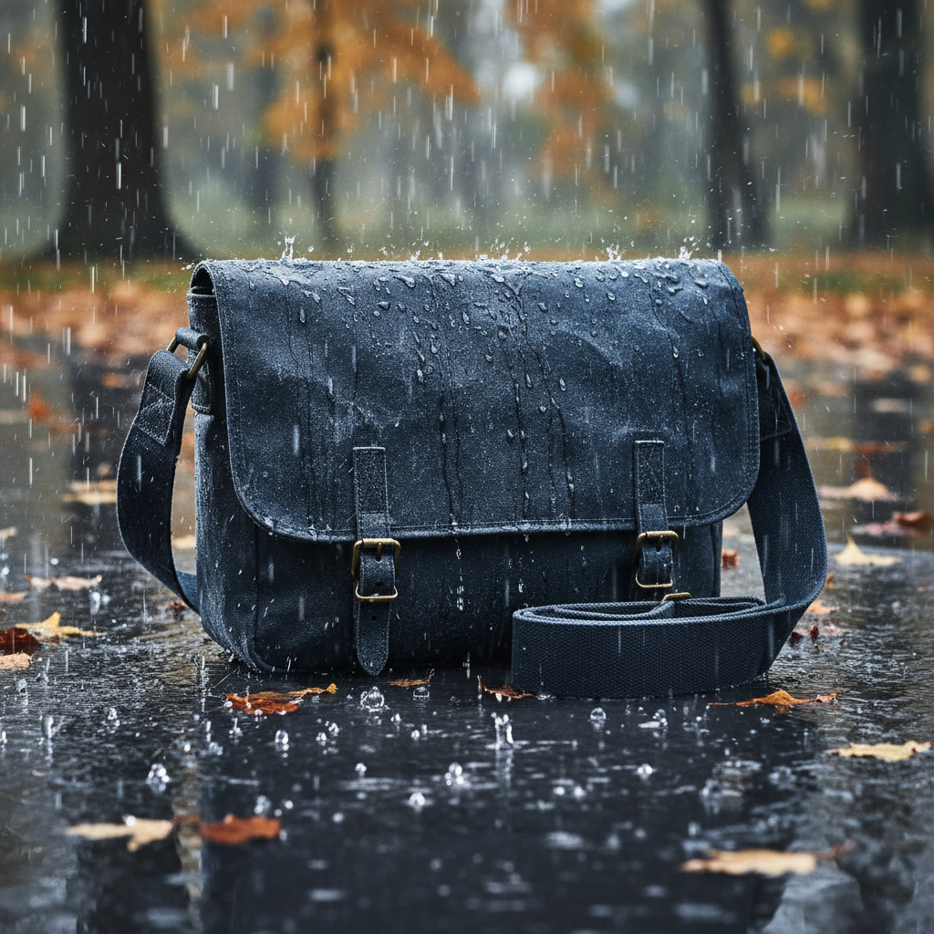 Waxed denim messenger bag in autumn rain with water beading off the surface