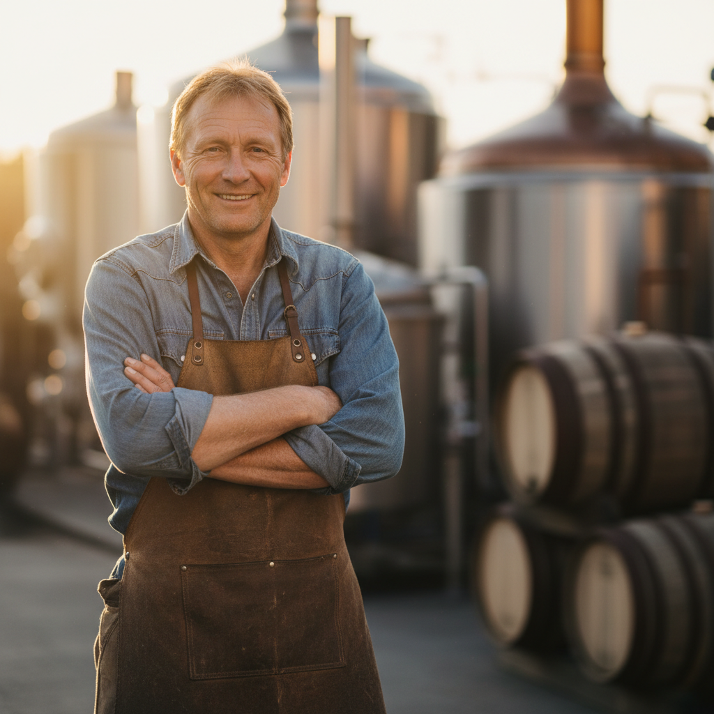 Marcus Webb, Head Brewer at Ironwood Fermentation, smiling in brewery