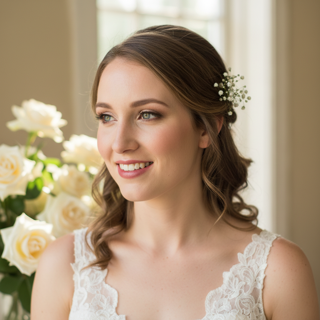 Beautiful bride with professional makeup and elegant hairstyle
