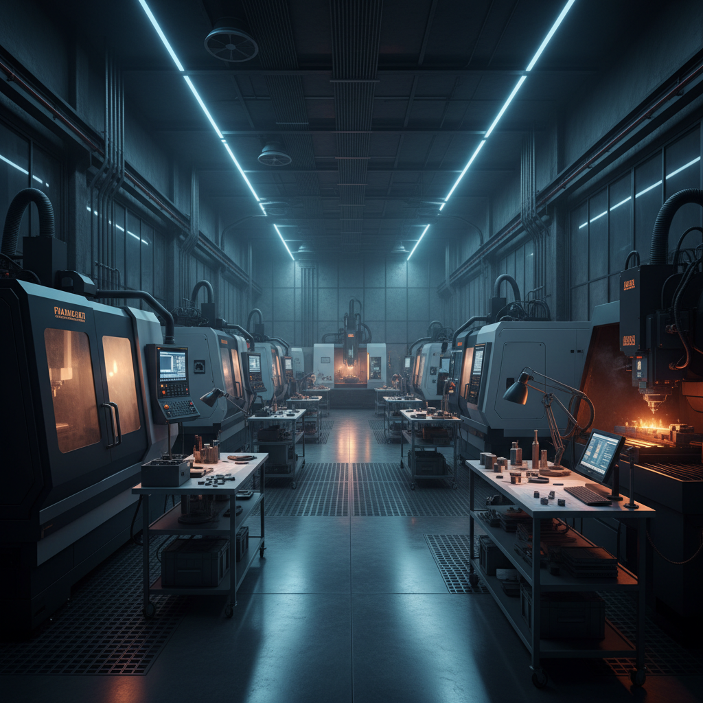 Industrial precision engineering workshop with dark metallic surfaces, dim blue-tinted lighting, heavy machinery in background