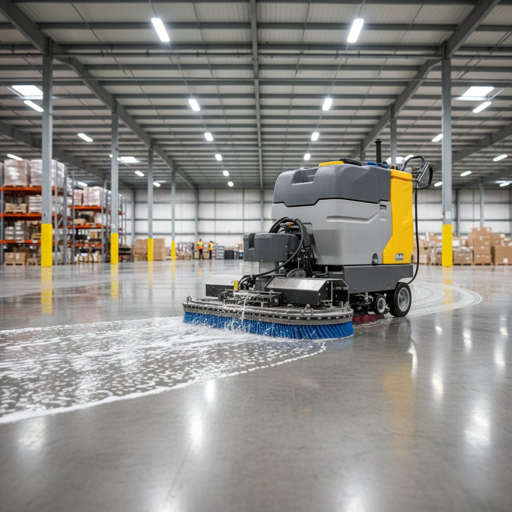 Industrial floor scrubber machine on polished concrete floor in warehouse