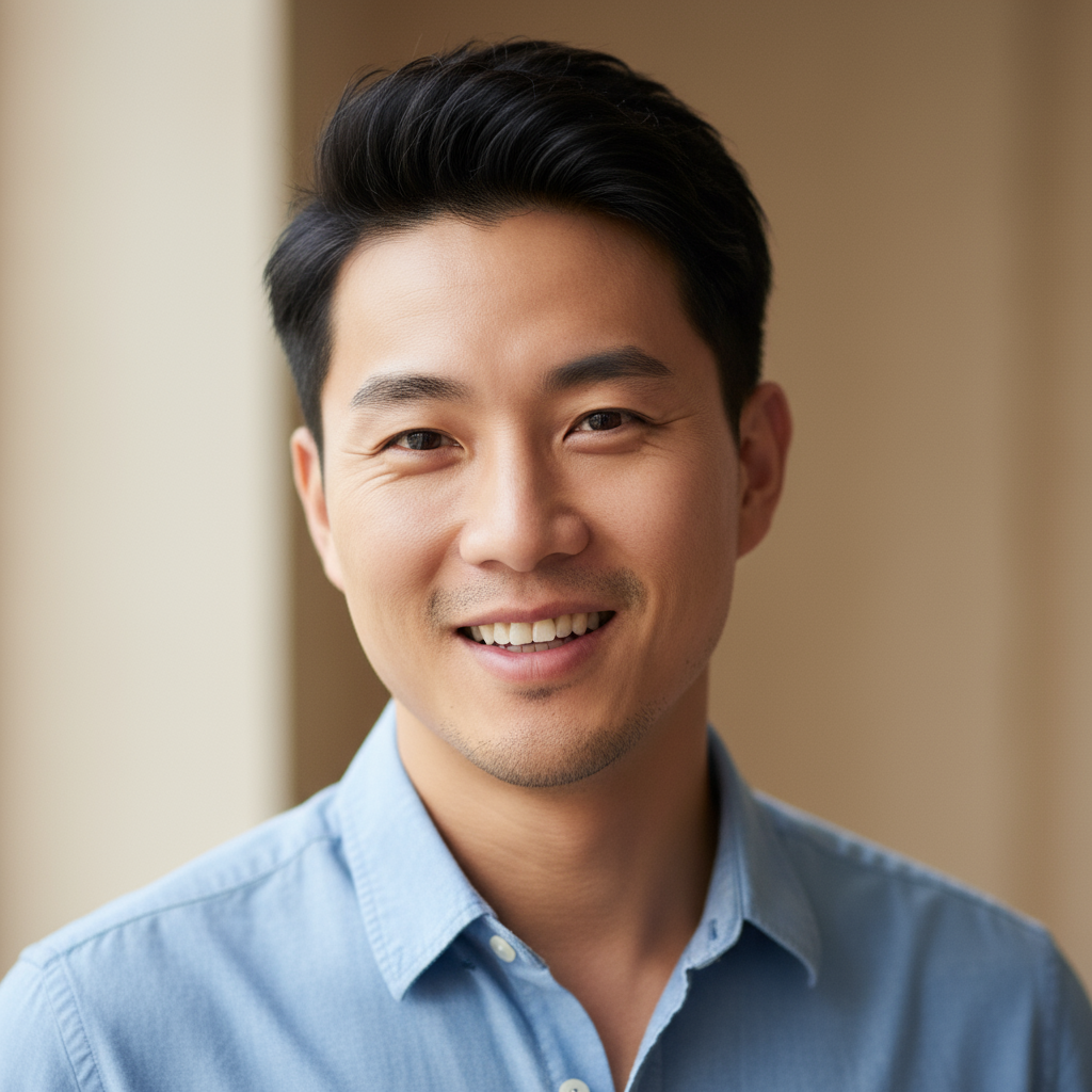 Asian businessman in navy suit with professional headshot against neutral background