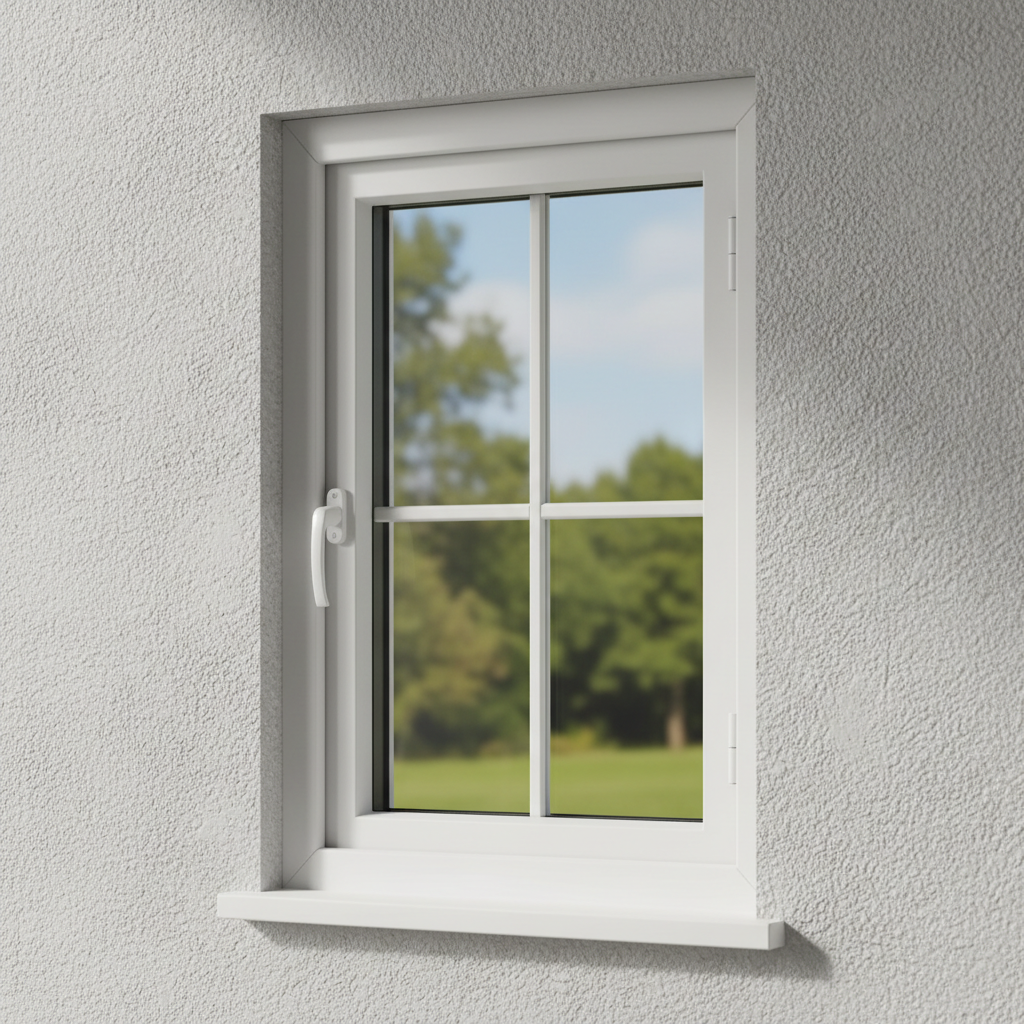 Double-glazed energy efficient window installation in suburban home, green garden view, clear glass, white frames