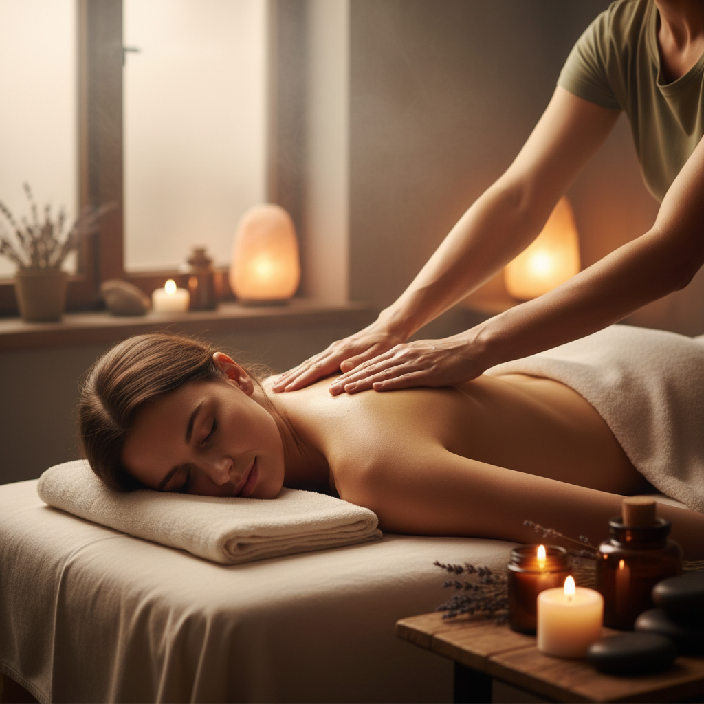 Persona rilassata durante un massaggio professionale con candele e luci soffuse scure