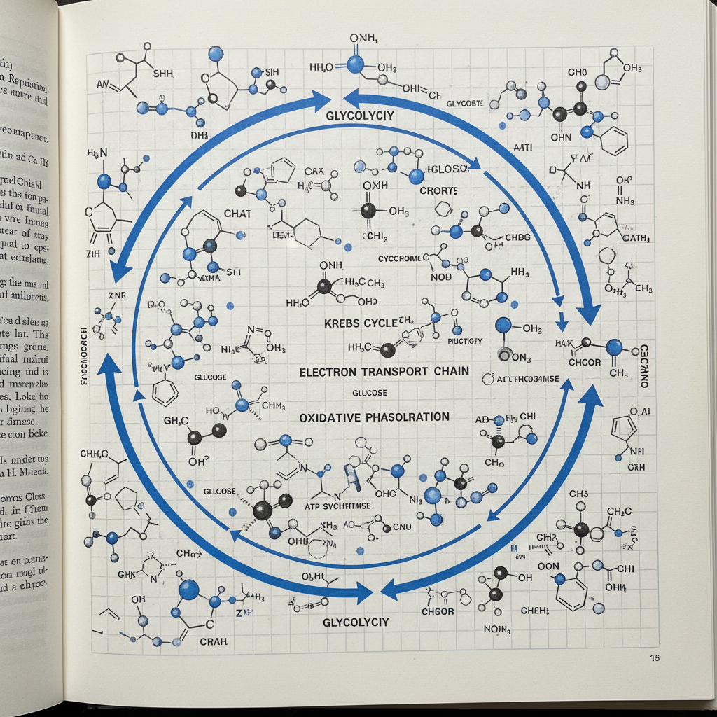 Close-up of a detailed biology textbook diagram showing molecular structures and metabolic pathway annotations in blue and black ink