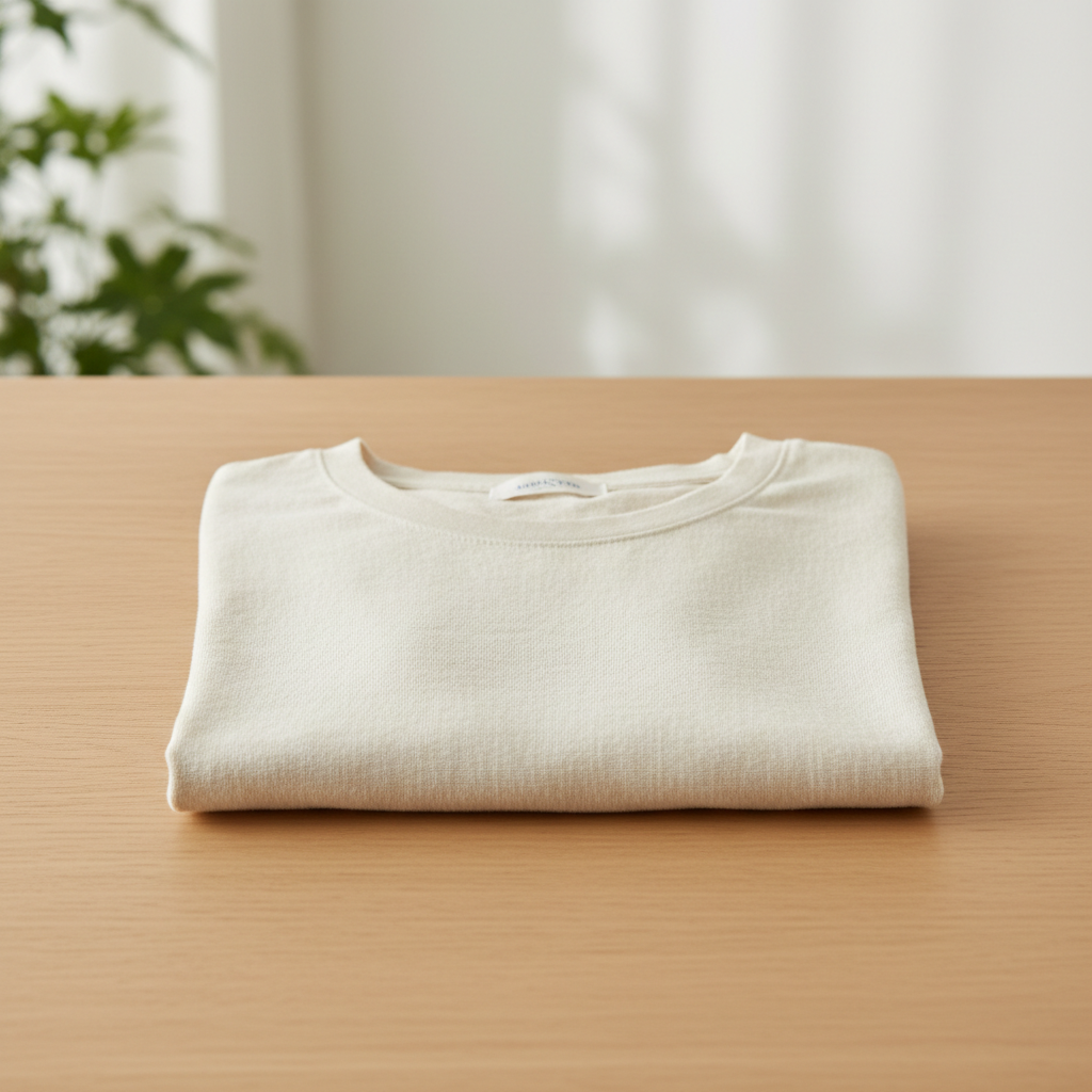 Ivory oversized cotton t-shirt folded neatly on a light wooden surface in natural daylight