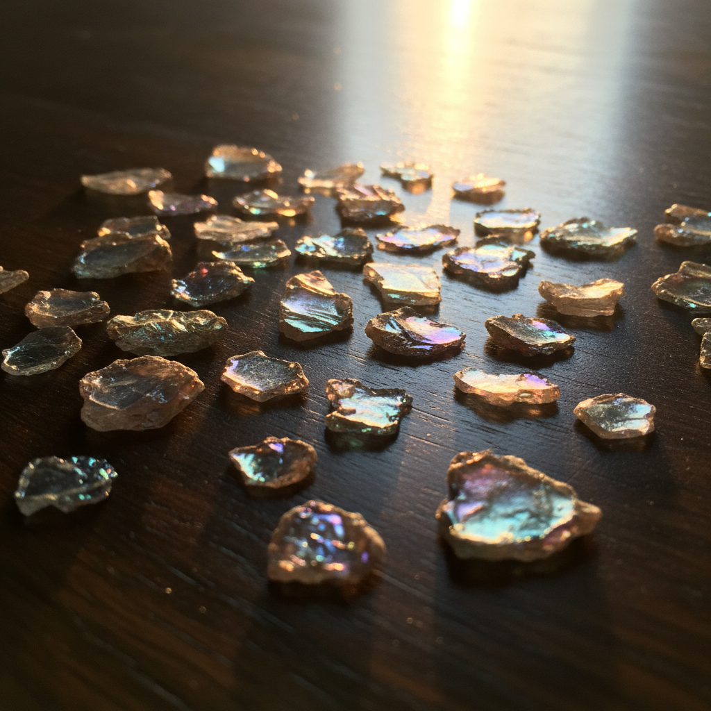 Natural mica flakes catching warm golden light on dark wood surface, showing iridescent mineral shimmer