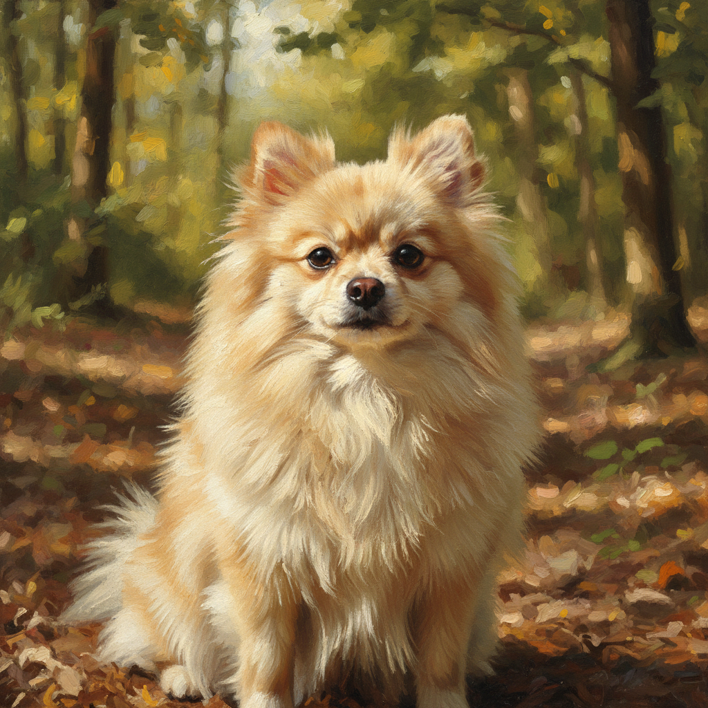 Pomeranian dog with thick cream fur sitting in dappled forest light, completely still, the portrait quality of light making it look like a Dutch master painting