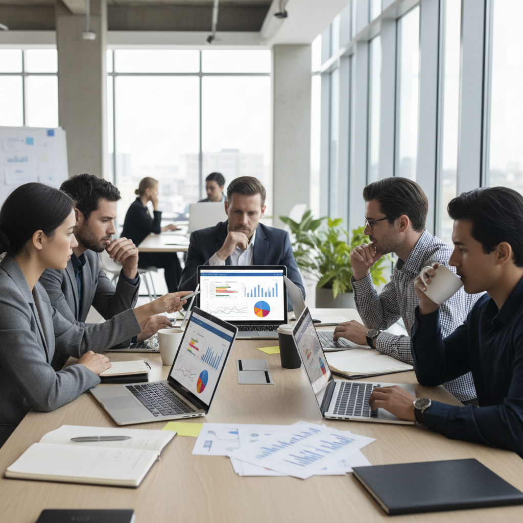 Business professionals reviewing talent data and analytics on modern screens
