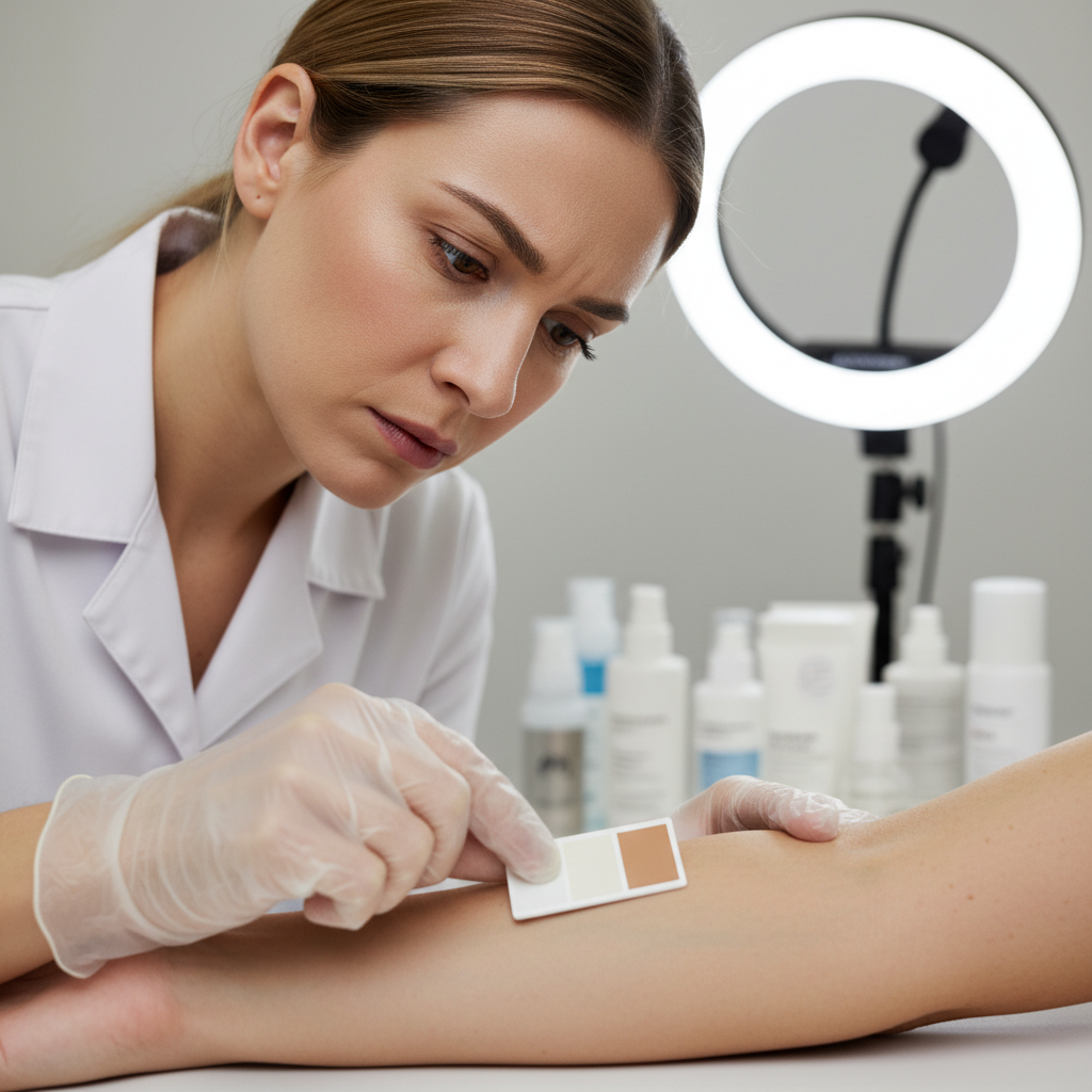 Close-up of analyst examining skin undertones under controlled studio lighting with color reference cards