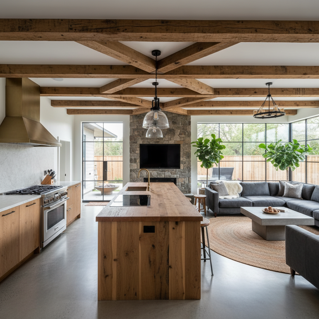 Stunning rustic modern open-concept home with bold exposed ceiling beams, designer kitchen, warm wood tones and luxury finishes