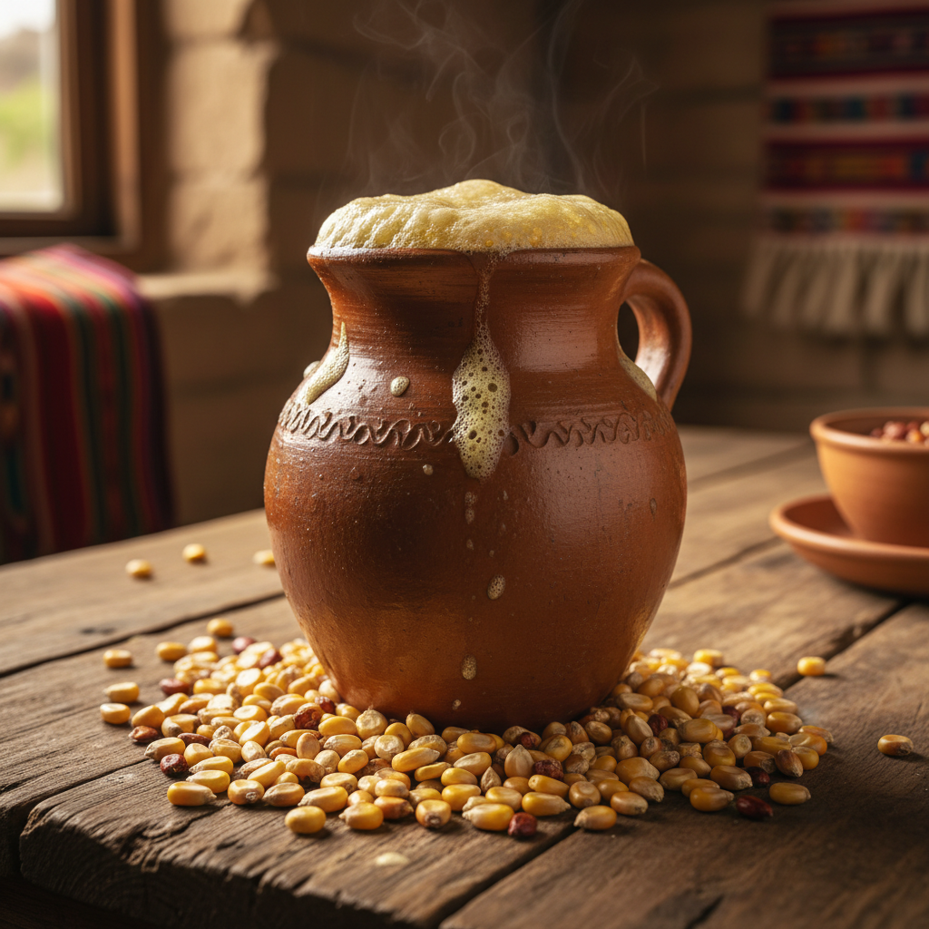 Milky white traditional pulque in a clay jícara vessel, rustic wooden table, candlelight ambiance