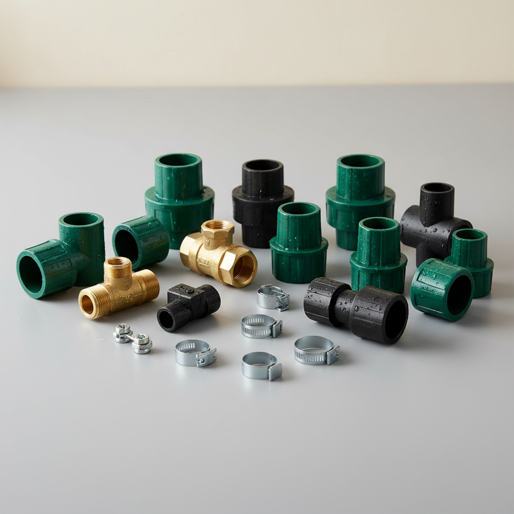 Black polyethylene irrigation mainline pipe coiled on ground beside fittings and clamps