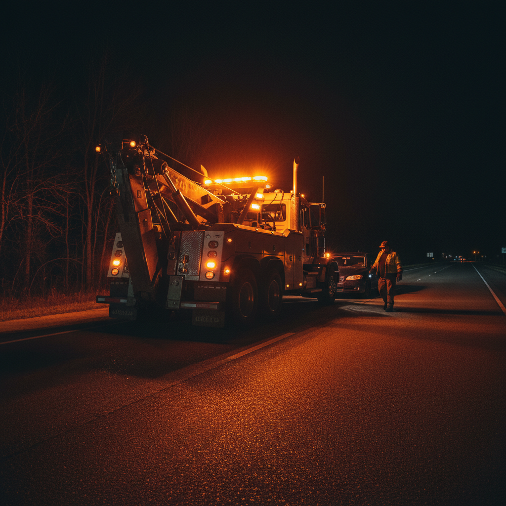 Professional tow truck operator at night, dark industrial atmosphere