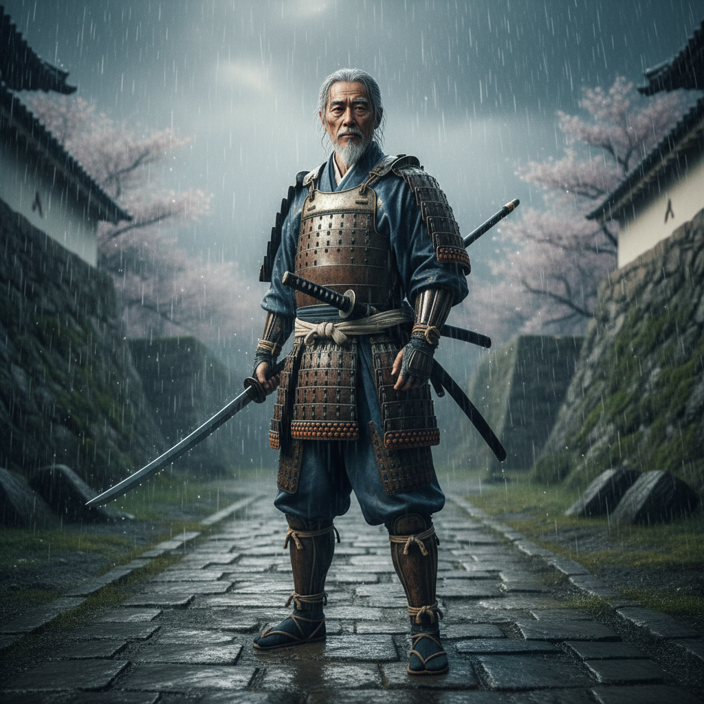 Video thumbnail: A samurai standing in a bamboo forest during a thunderstorm, lightning illuminat