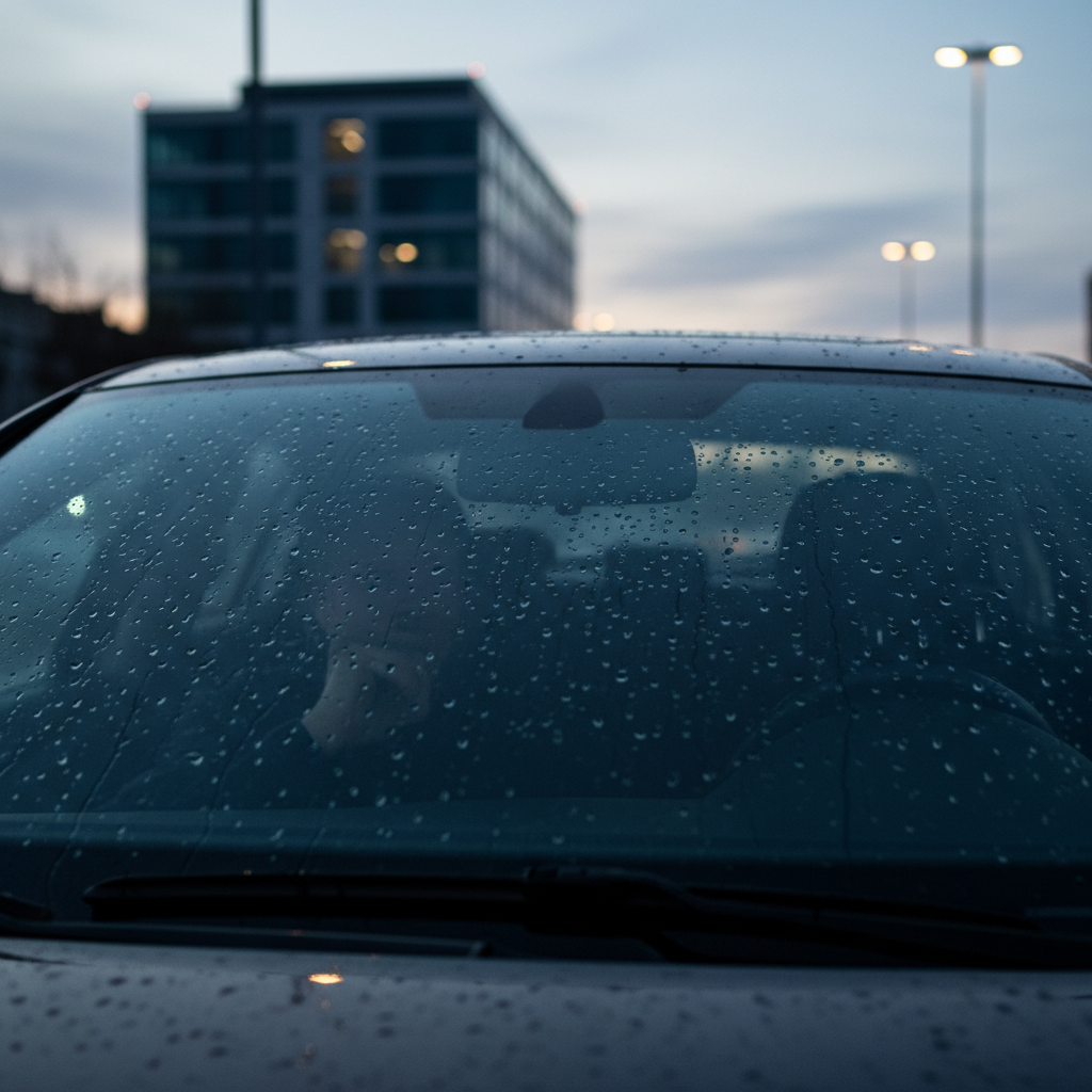 Investigator silhouette in parked sedan at dusk, telephoto lens on passenger seat, rain-beaded windshield with soft-focused office building through glass