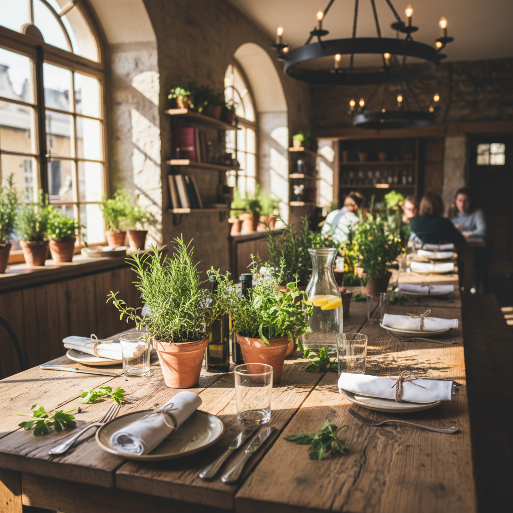 Elegantly plated farm-to-table dish with fresh seasonal vegetables and herbs, warm restaurant lighting and rustic wooden table