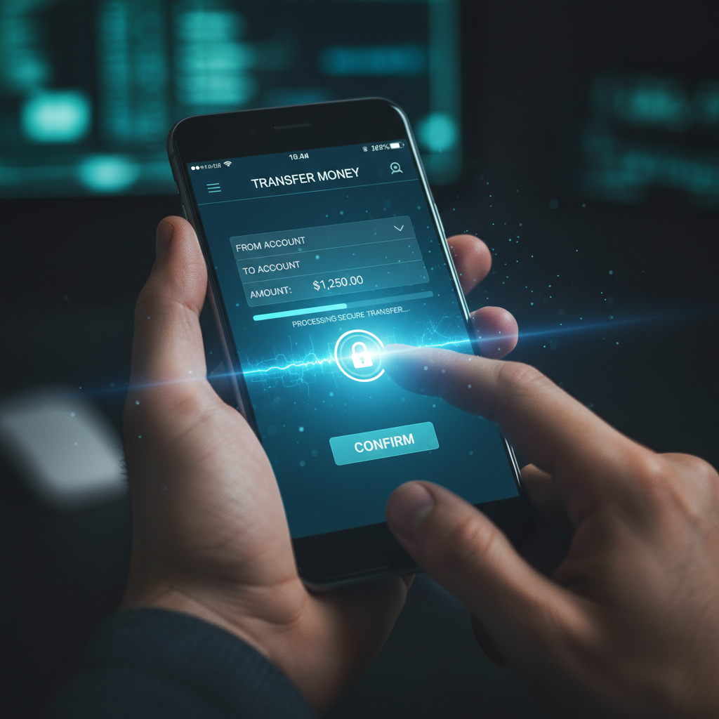 Persona usando teléfono celular para operaciones bancarias en ambiente claro