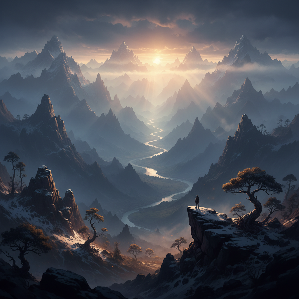 Cinematic key art render showing dramatic landscape with atmospheric perspective