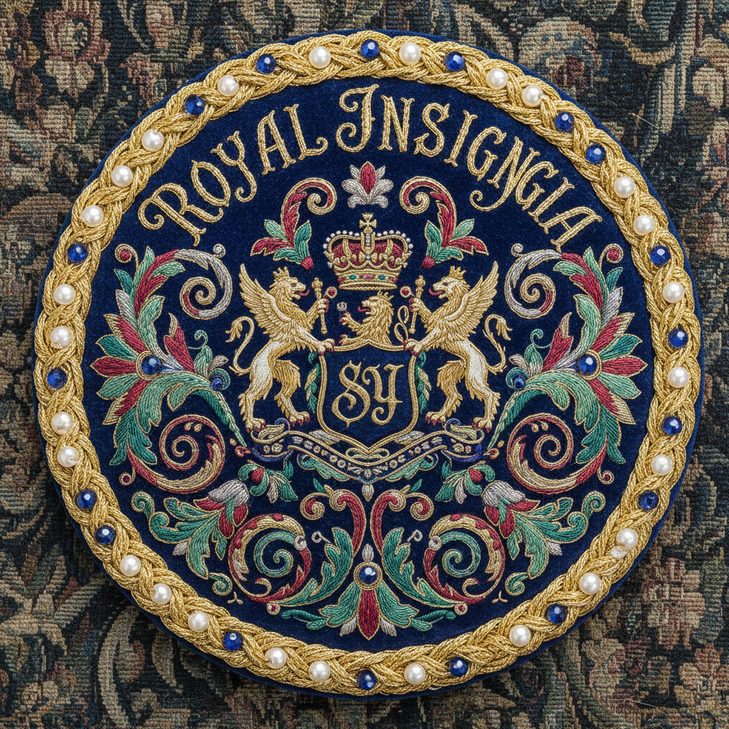 Detail shot of hand-embroidered royal insignia on velvet court jacket from The Sovereign Yards