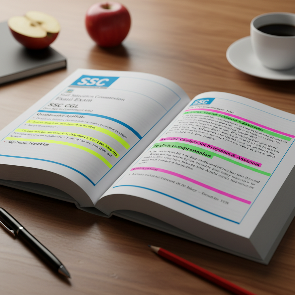 Open SSC exam guide book with highlighted text