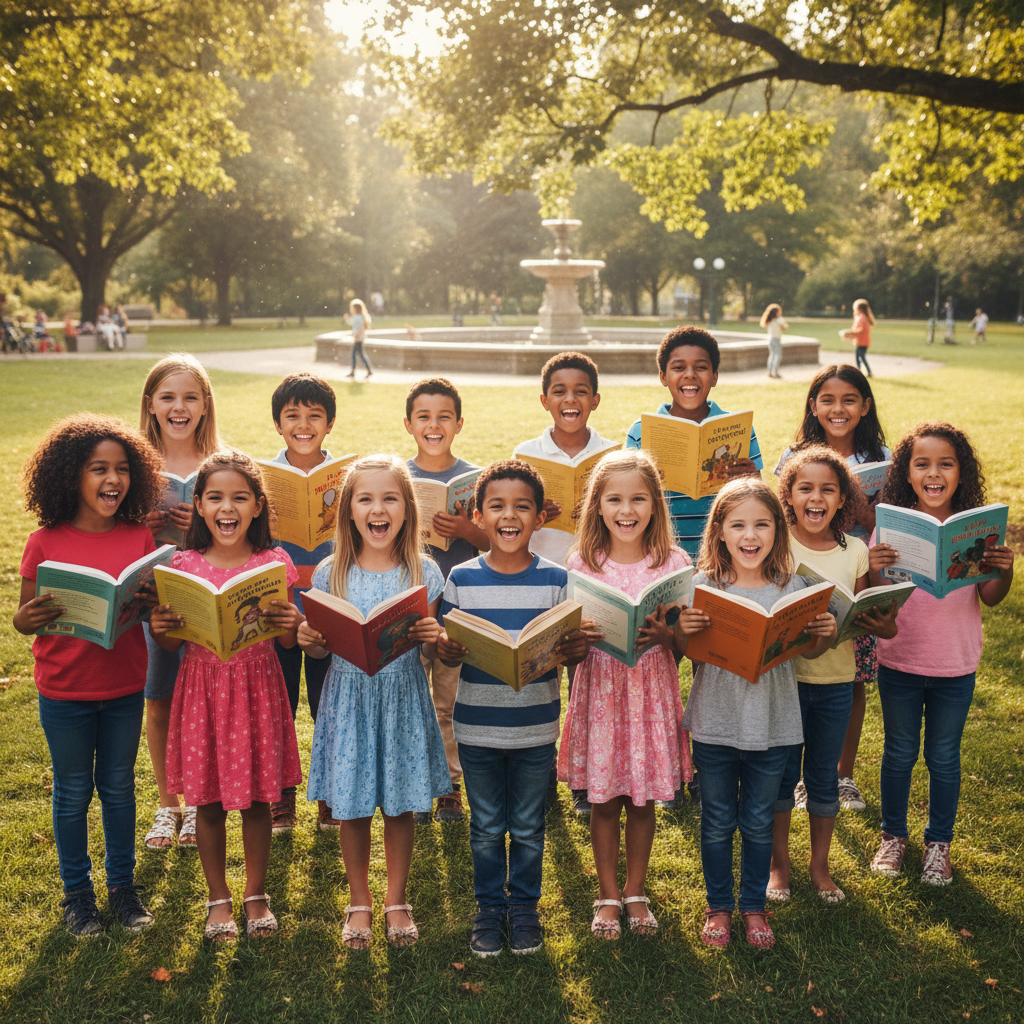 Indian children smiling and holding books at a Dharmam educational event in Tamil Nadu
