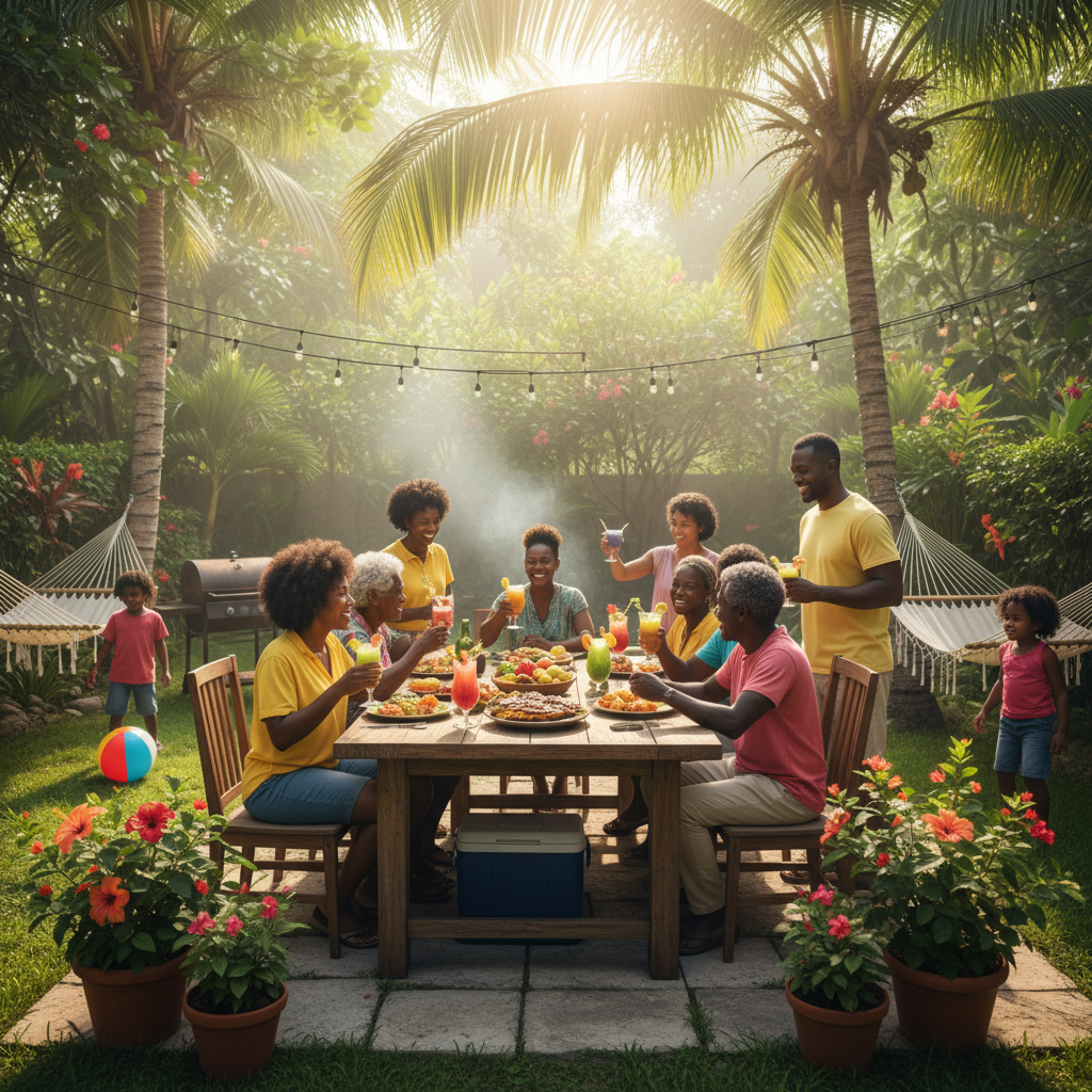 Caribbean family enjoying outdoor lime in backyard on Sunday