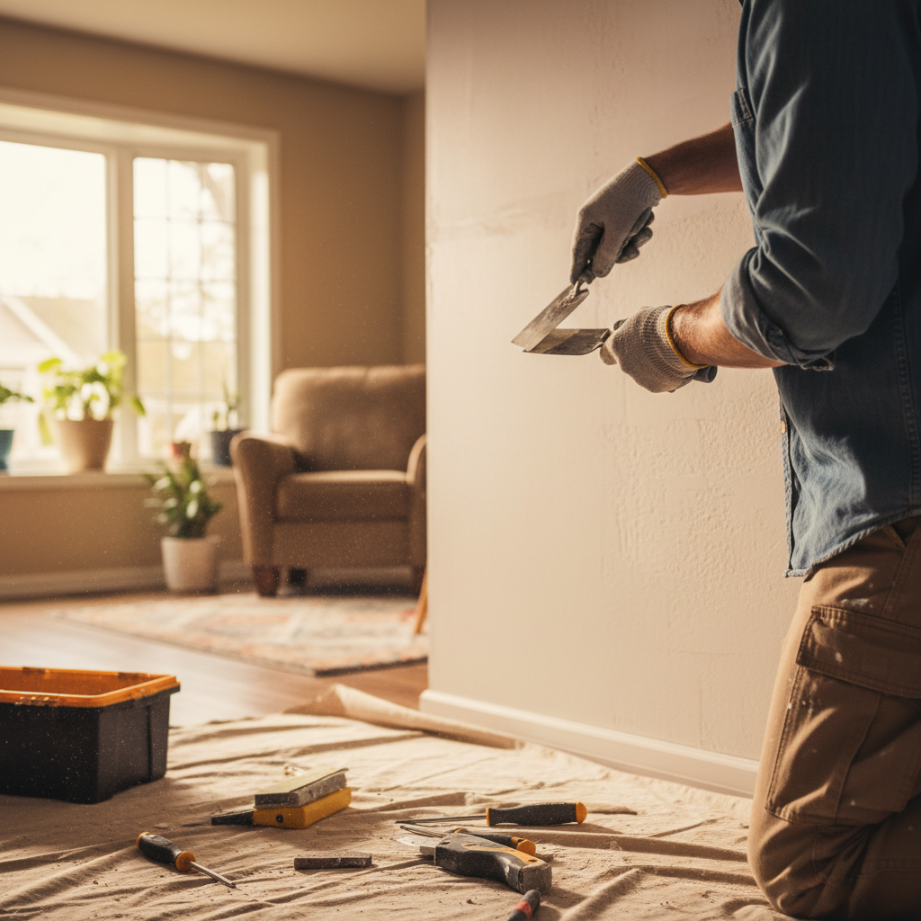 Handyman fixing home fixtures in bright room, professional tools, general repairs