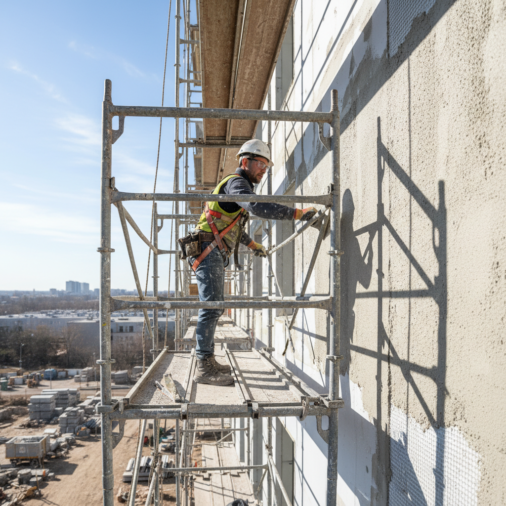 Troy Nguyen, EIFS and acrylic stucco systems specialist, on scaffold