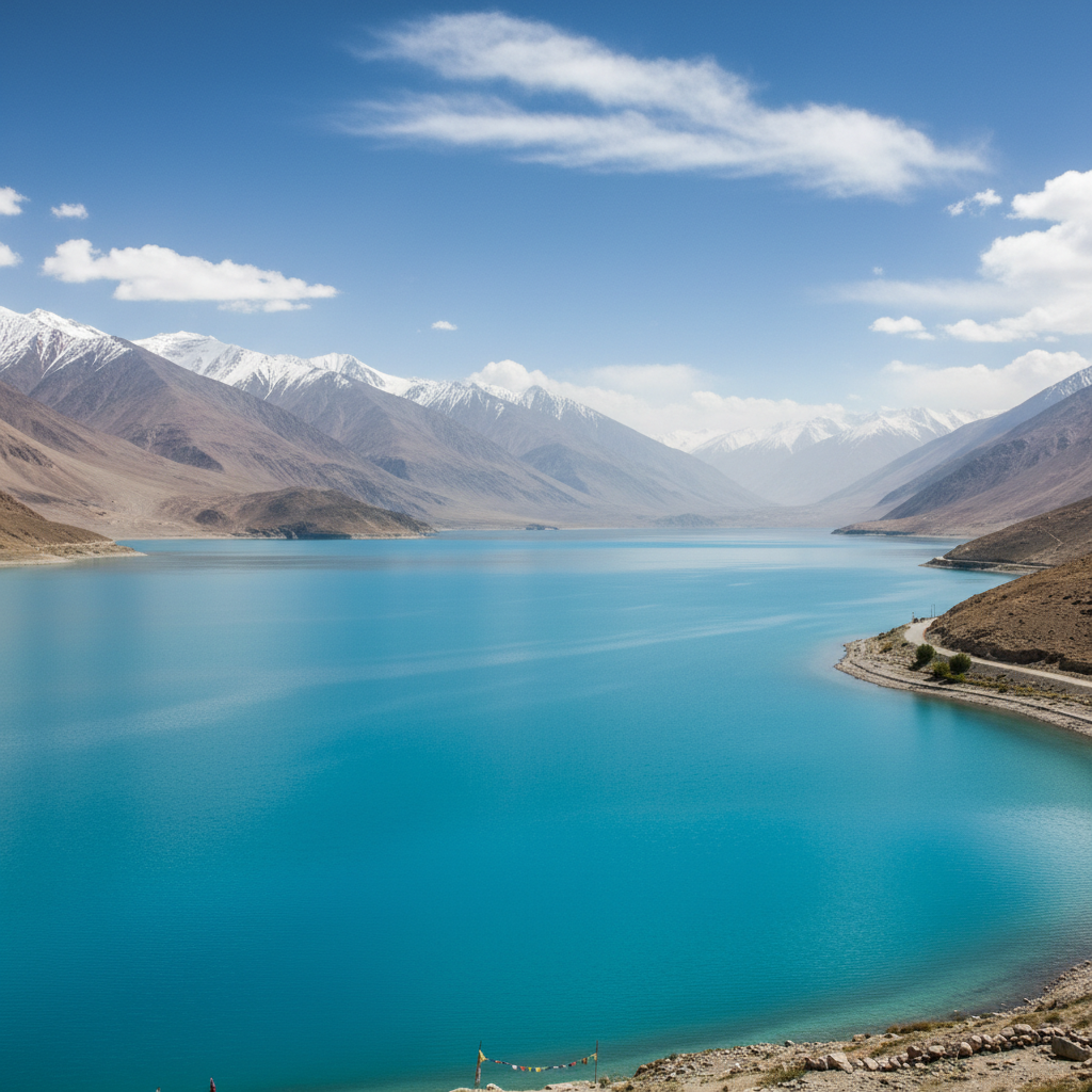 Pangong Tso lake with turquoise water and Himalayan mountains reflecting in clear blue water Ladakh