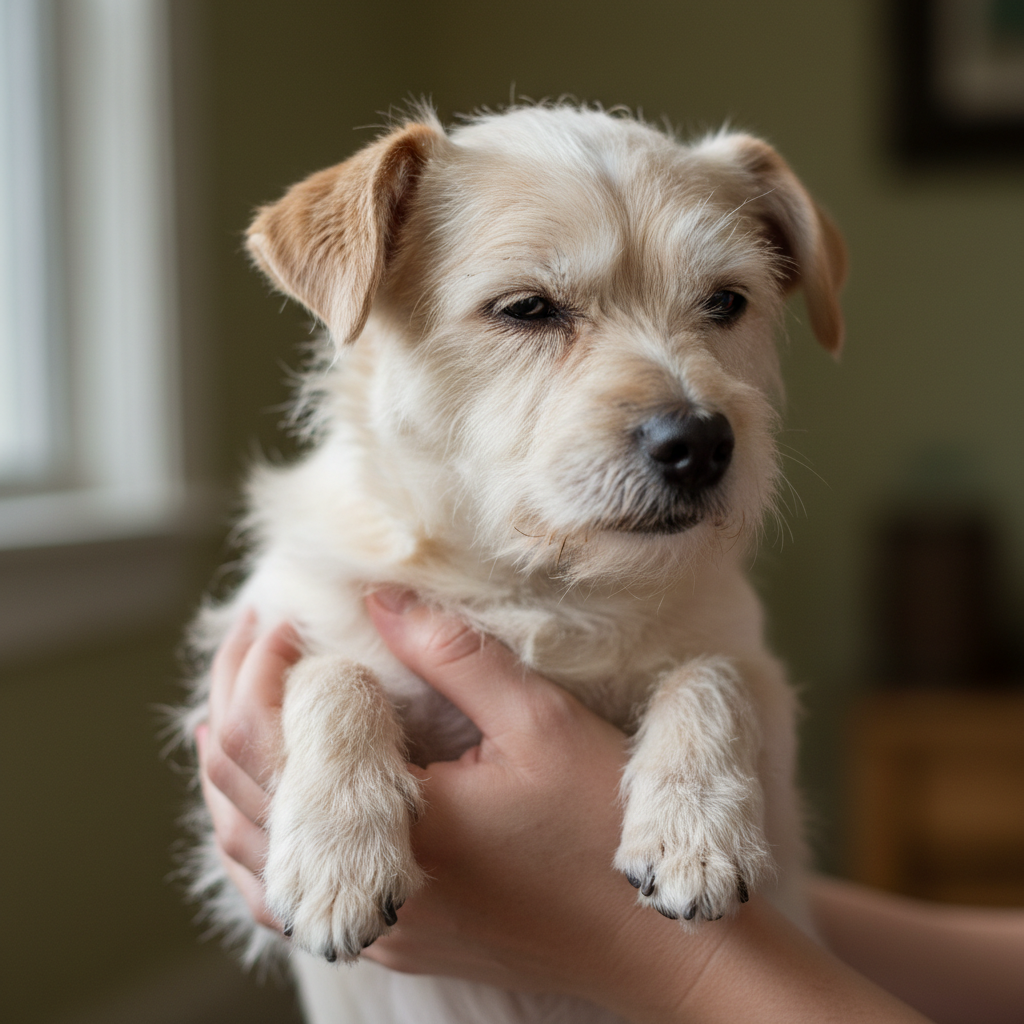 Dog being held gently, showing signs of limping or leg discomfort