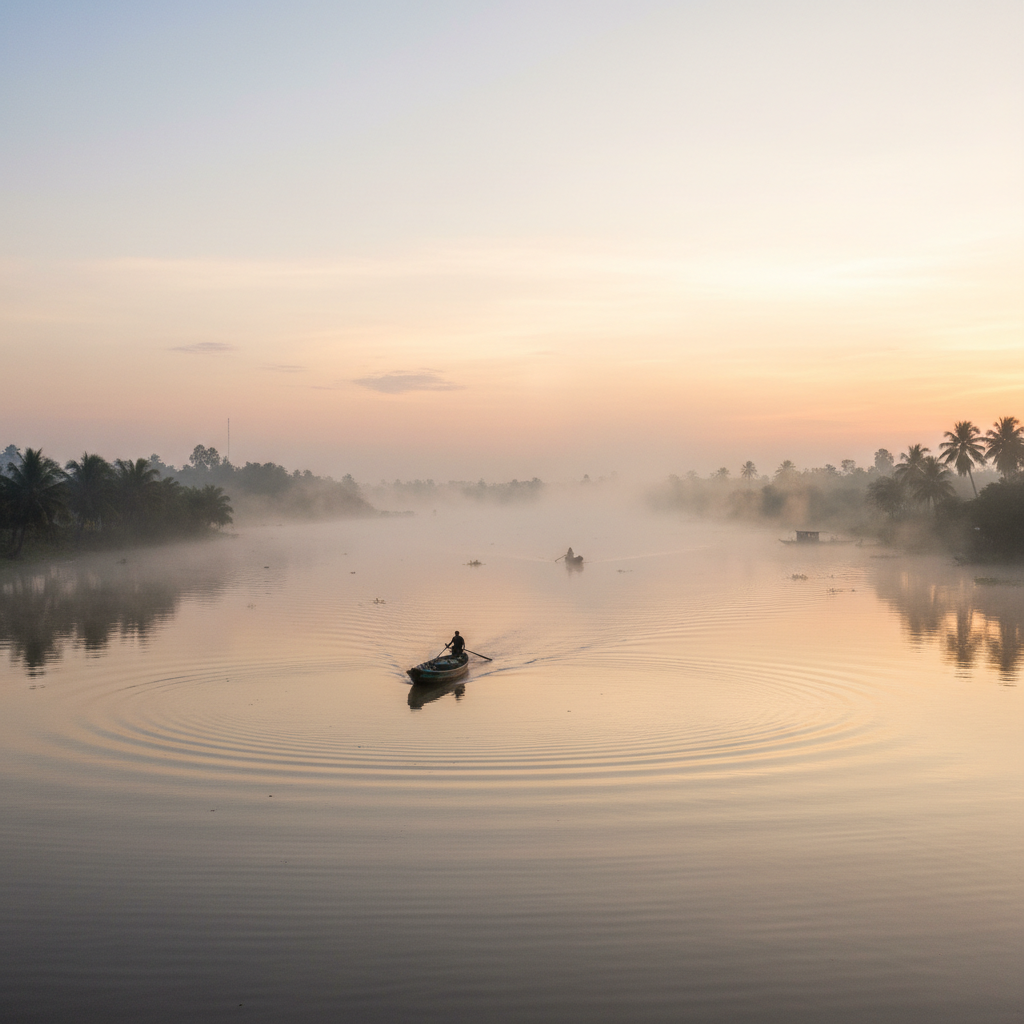 Mekong Delta waterways at dawn, misty light over still water