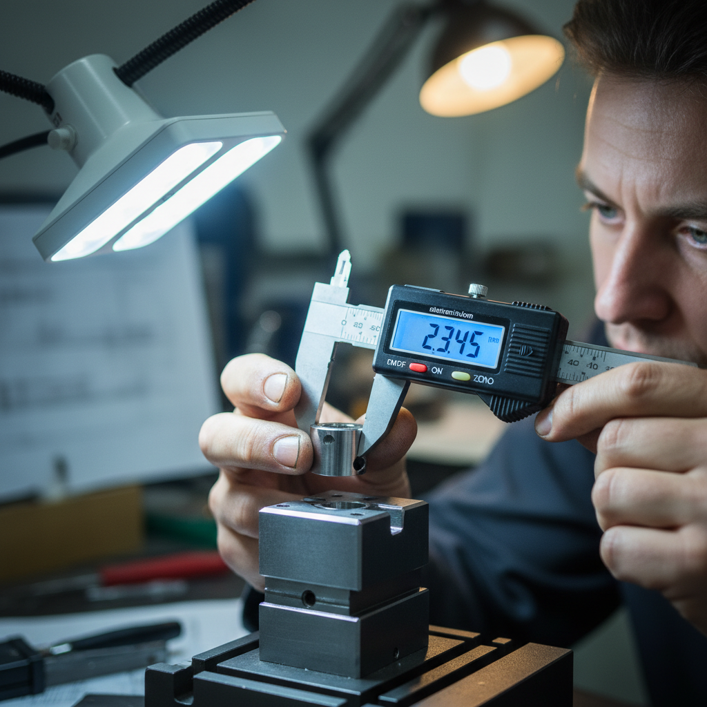 Machinist measuring precision die component with digital micrometer under bright inspection lighting in die shop