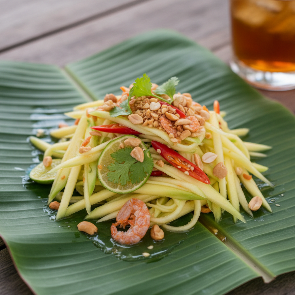 Green mango salad with dried shrimp, chili, and toasted peanuts on a banana leaf
