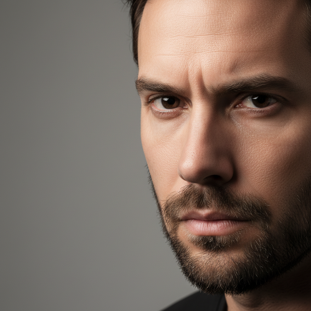 Close-crop portrait of Kenji Watanabe, man in early 30s with sharp features, studio light