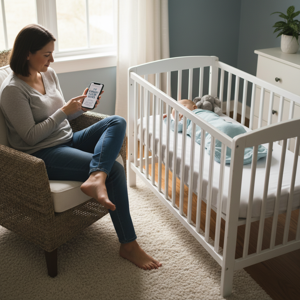 Parent awake at night holding a softly lit phone while baby sleeps nearby