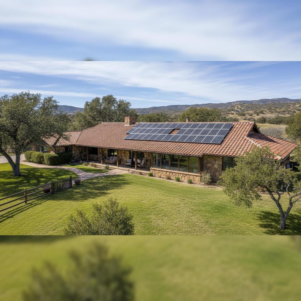 Ranch-style home on Maple Grove Drive with 18 black solar panels mounted flush on south-facing roof