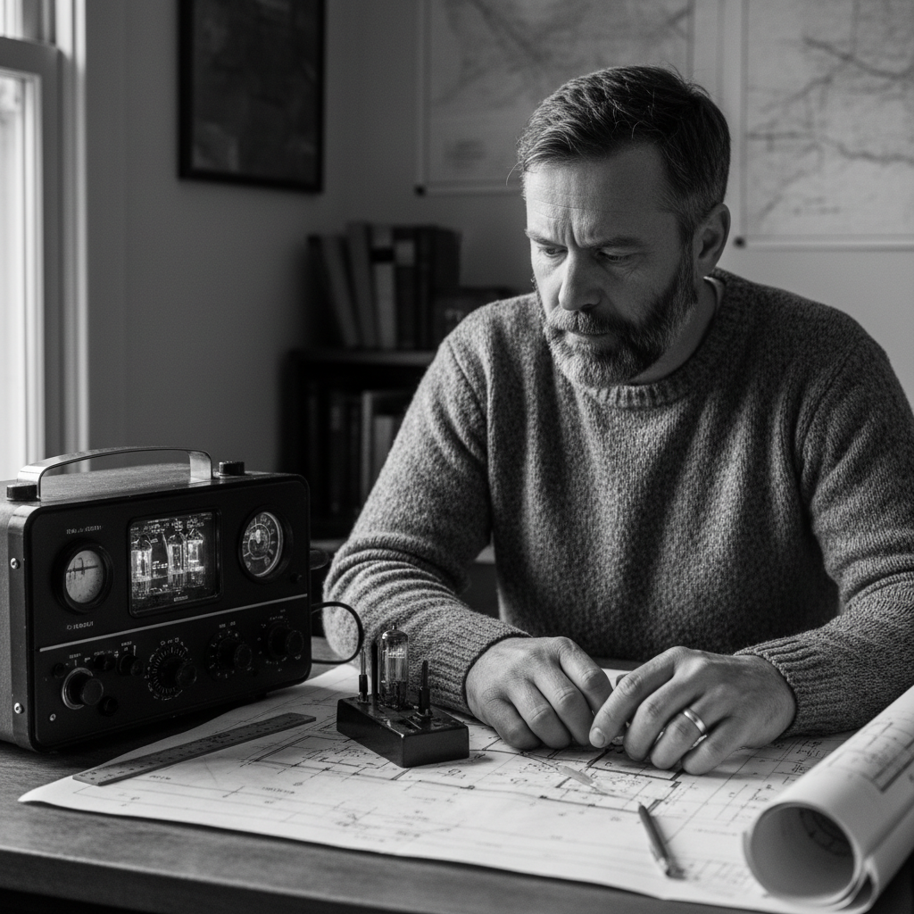 Kenneth Cheung, Haul dispatch coordinator, black and white portrait, man in his 40s at a desk with radio equipment and building floor plans spread out