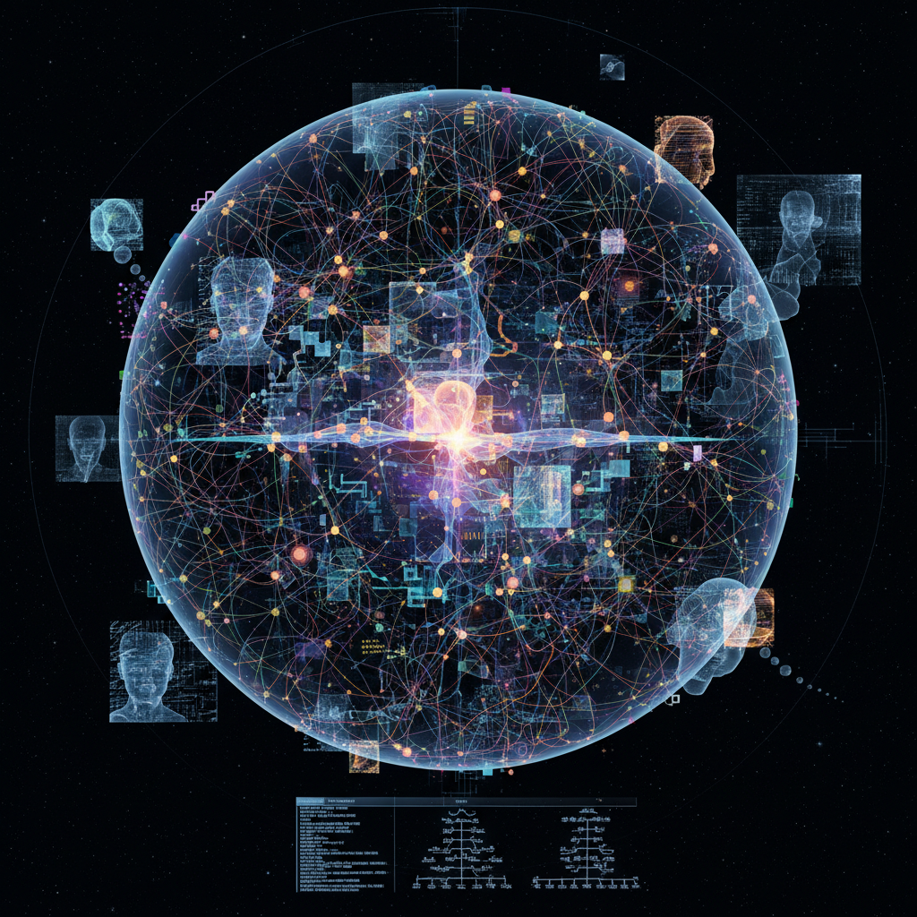 Glowing neural network visualization with interconnected nodes in dark blue scientific environment
