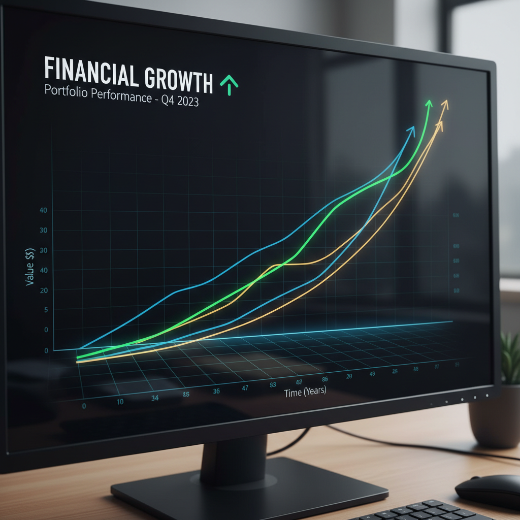 Financial growth chart on a laptop screen showing upward trend in investment returns