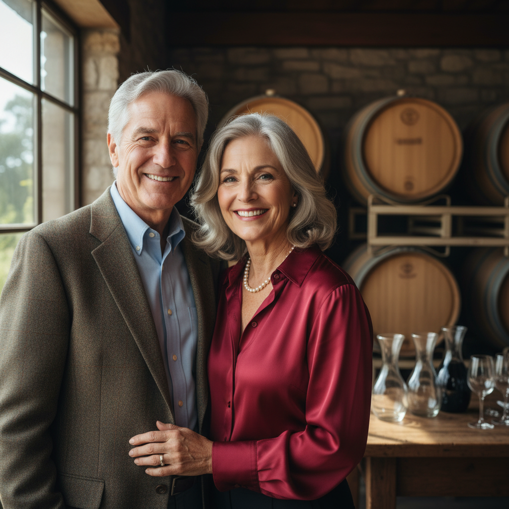 Mature couple with gray hair smiling warmly together in casual elegant attire at vineyard tasting room with wine barrels visible in background