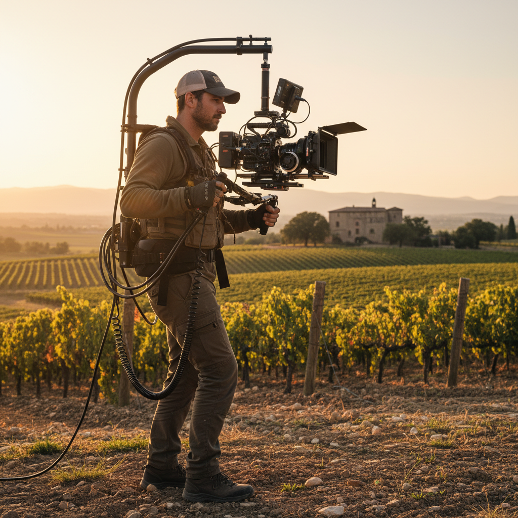 Filmmaker operating steadicam rig in vineyard at golden hour, cables trailing