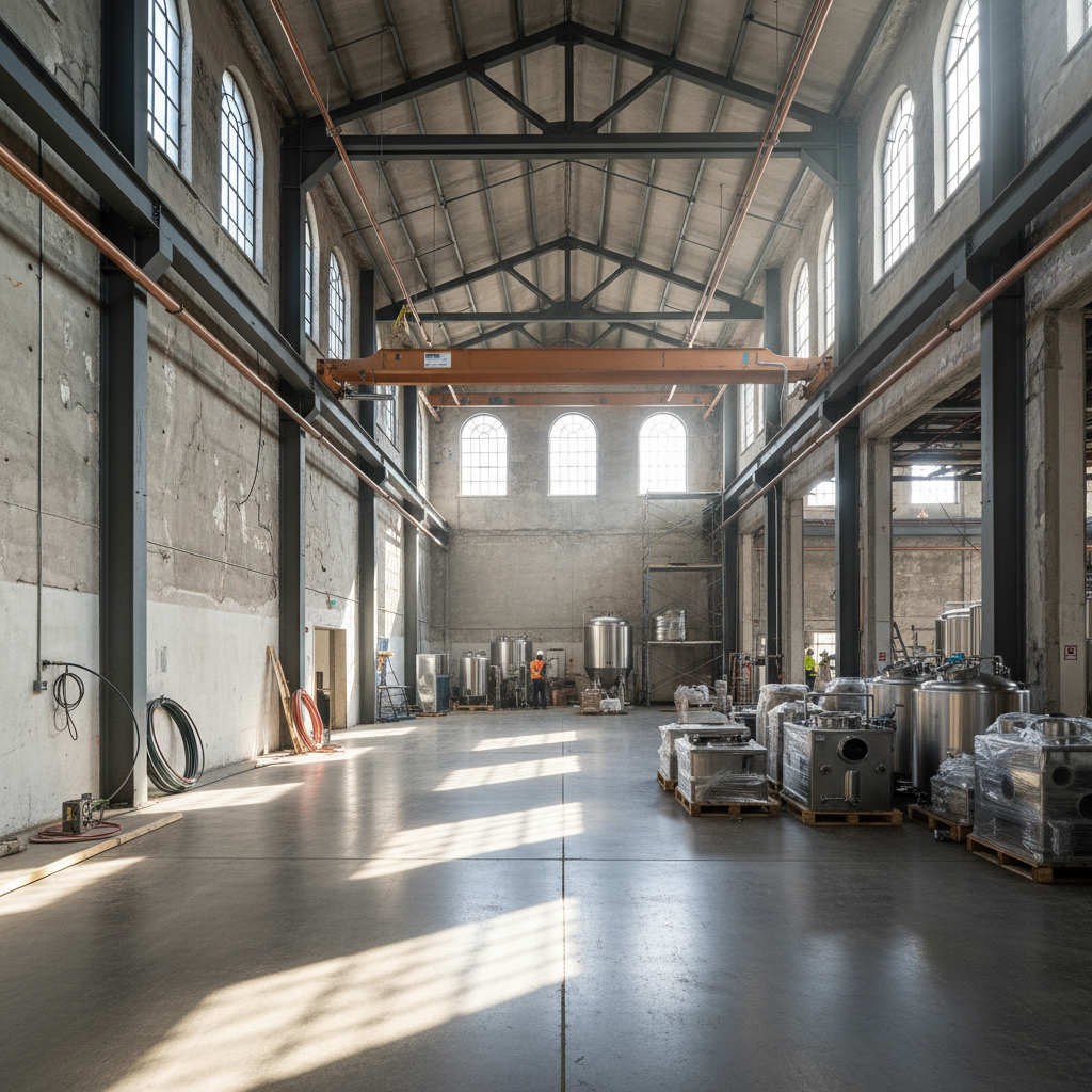 Empty warehouse interior being converted to retail space with high ceilings and industrial features