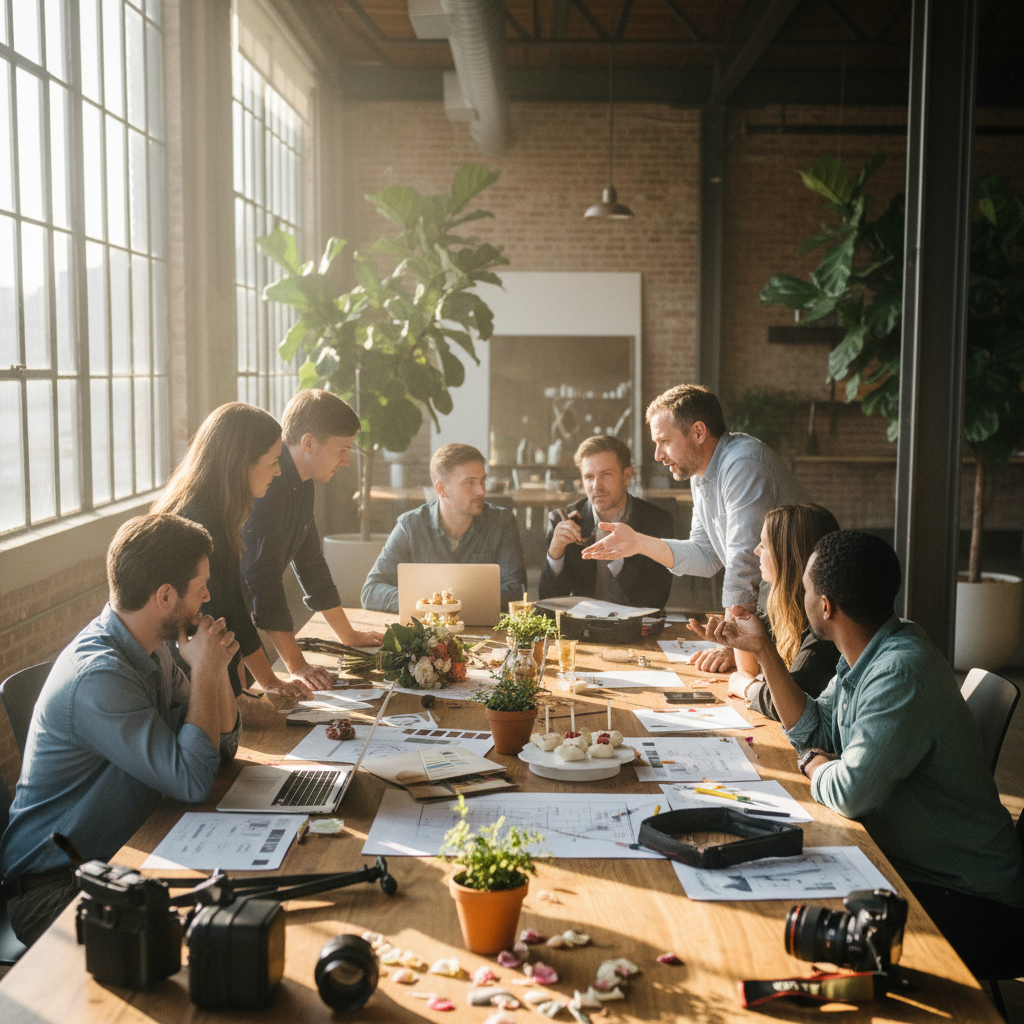 Group of diverse people collaborating around table with event planning materials