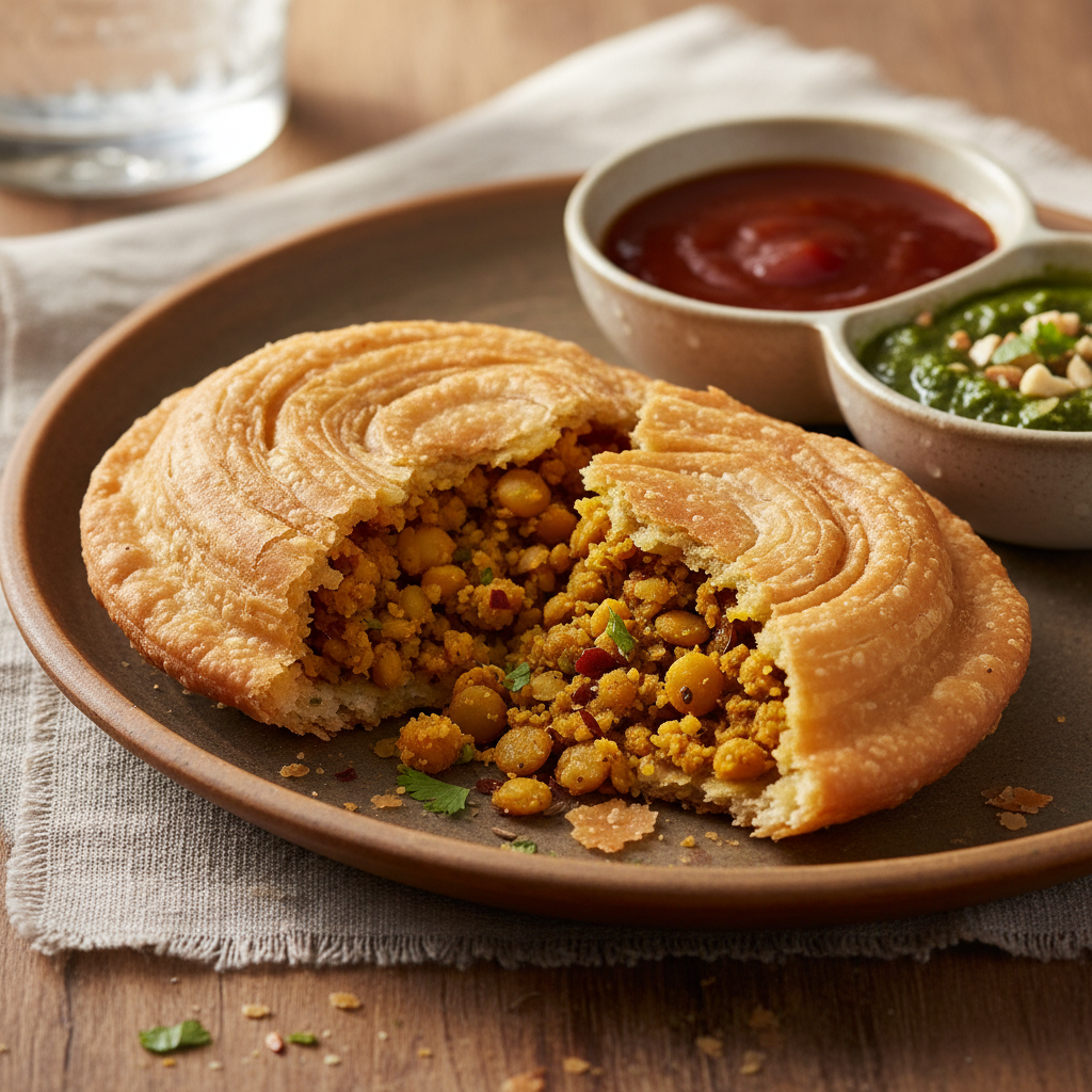 Crispy kachori with spiced pea filling, served with potato sabzi and tamarind chutney, vibrant street food colors