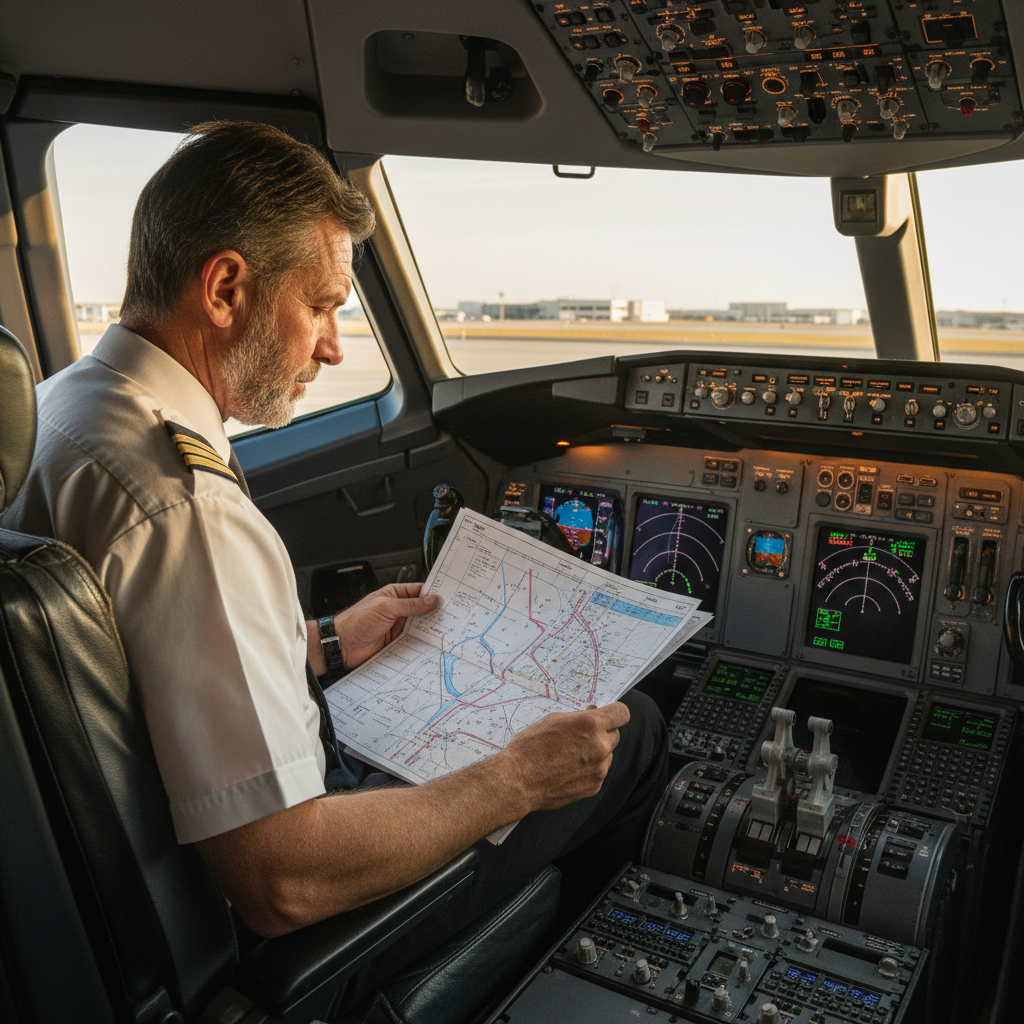 Experienced airline captain reviewing approach charts in cockpit during pre-flight