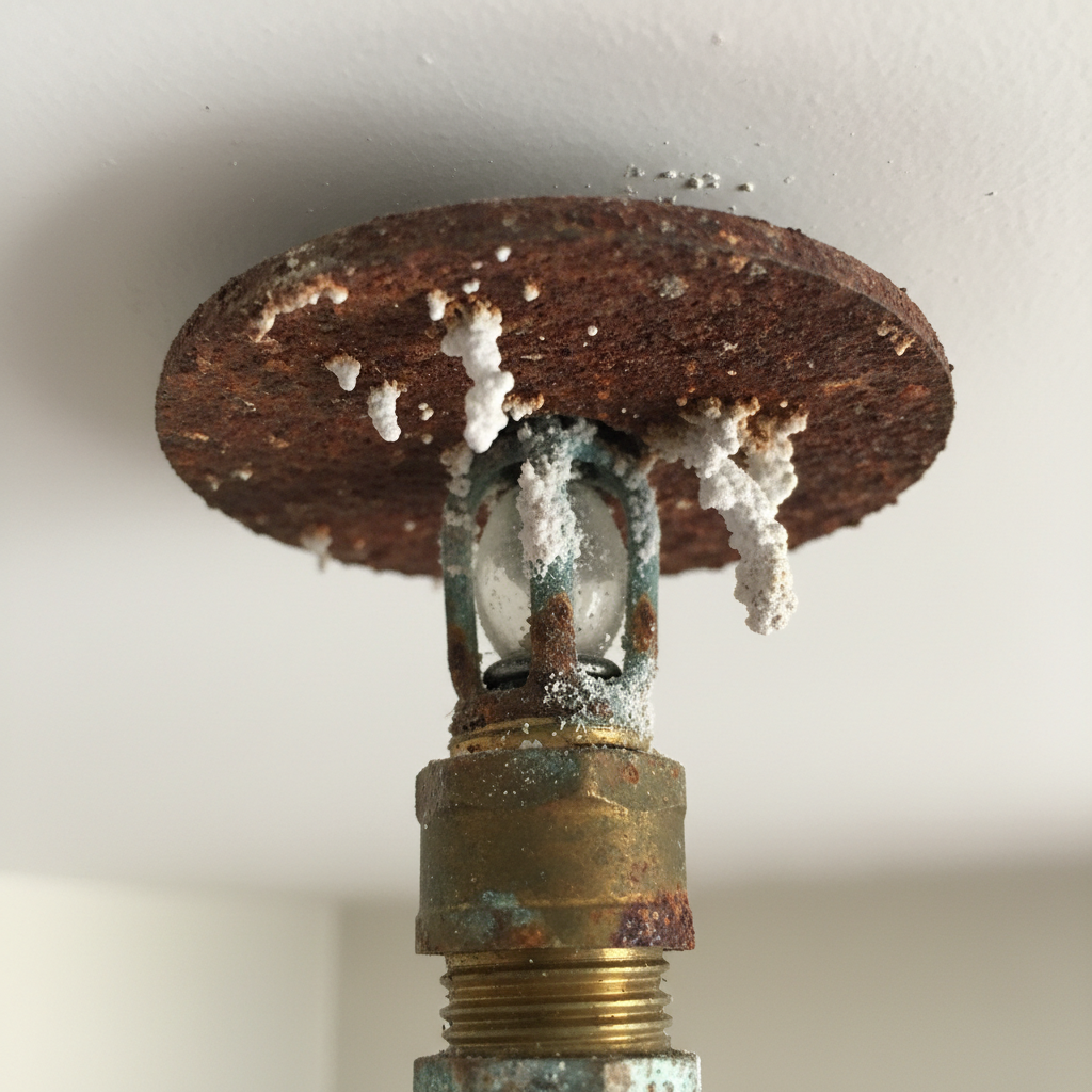 Close-up of residential sprinkler head showing rust and mineral deposit buildup on the deflector plate
